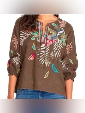 Johnny Was Linen Kaluhi Split Neckline Top Embroidered Brown size Medium